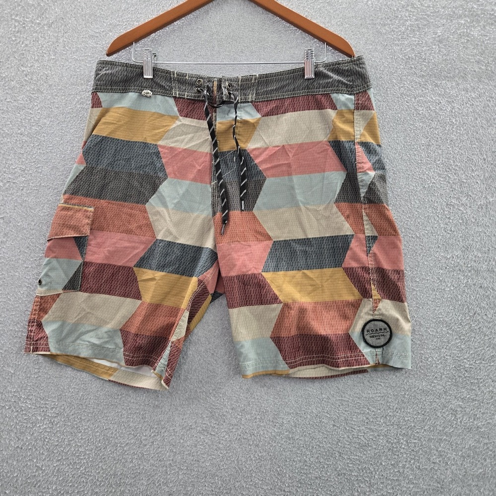 Roark Revival Men Shorts 36 Red Geometric Swimwear Board Shorts Cargo 8" Inseam